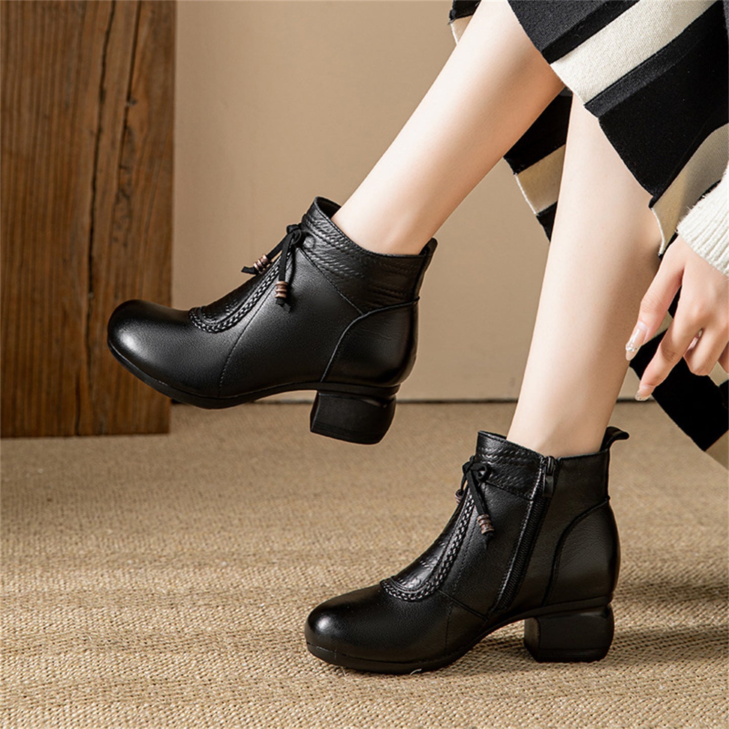 Botas de salto baixo em couro legítimo confortáveis e elegantes para mulheres