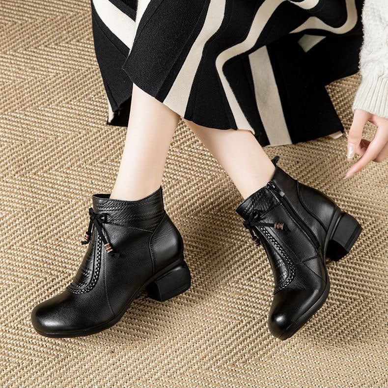 Botas de salto baixo em couro legítimo confortáveis e elegantes para mulheres